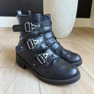 Black Leather Buckle Ankle Boots - Women's Booties